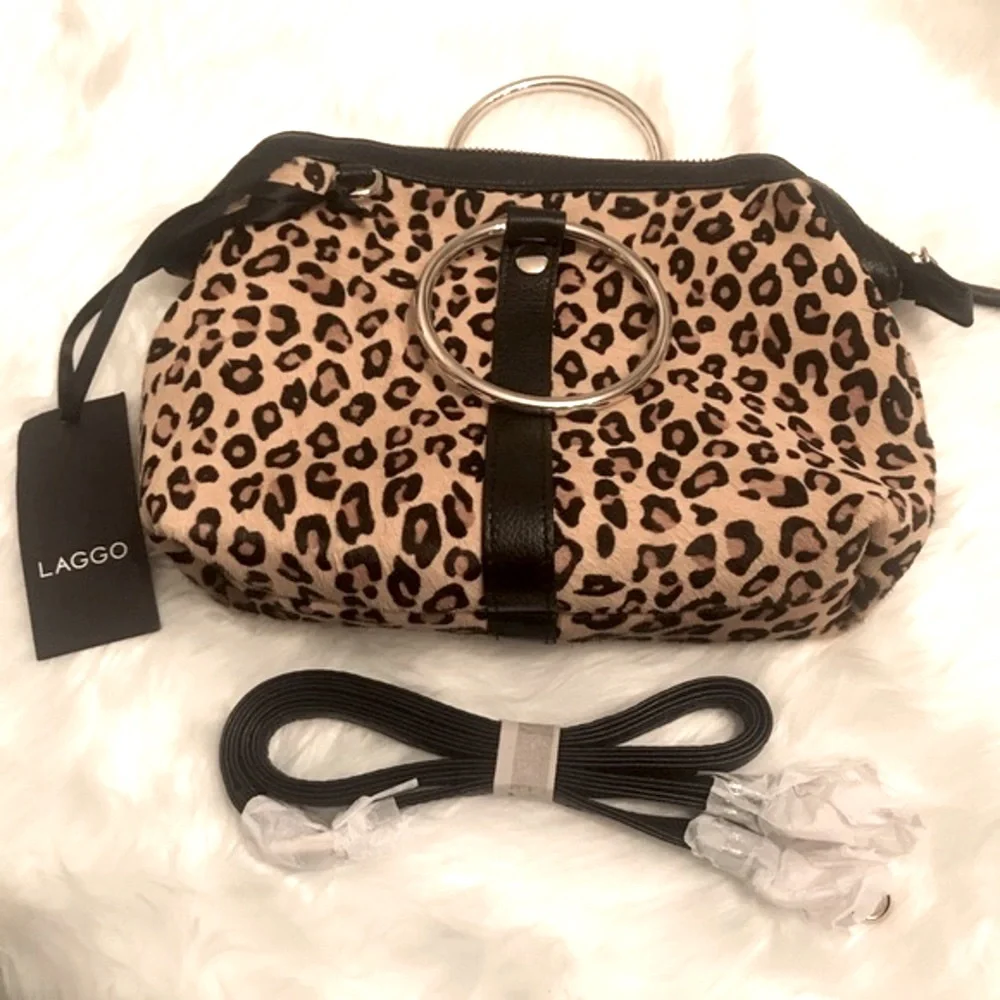 LAGGO Kiki Camel Dino Womens Animal Print Round Gold Handle Calf Hair Purse NEW